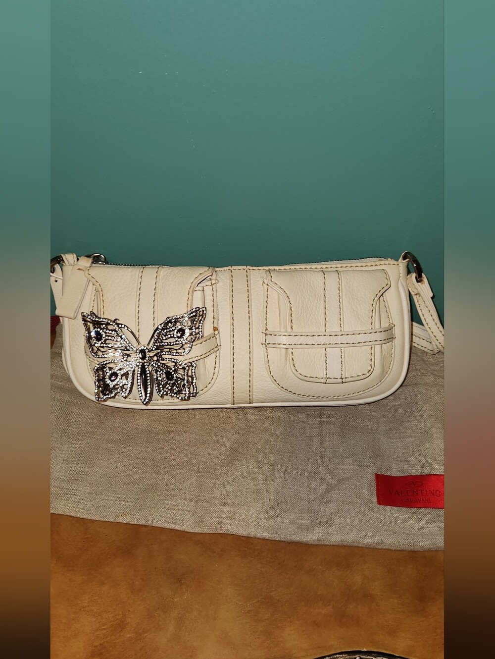 Valentino Garavani Leather Cream/White Shoulder Bag Crystal Butterfly Accent